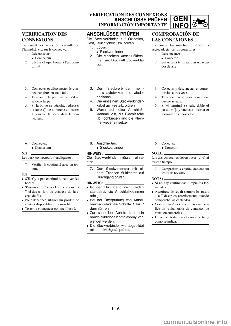 YAMAHA WR 426F 2001  Manuale duso (in Italian) GEN
INFO
ANSCHLÜSSE PRÜFEN
Die Steckverbinder auf Oxidation,
Rost, Feuchtigkeit usw. prüfen
1. Lösen:
lSteckverbinder
2. Die einzelnen Anschlußklem-
men mit Druckluft trockenbla-
sen.
3. Den Stec