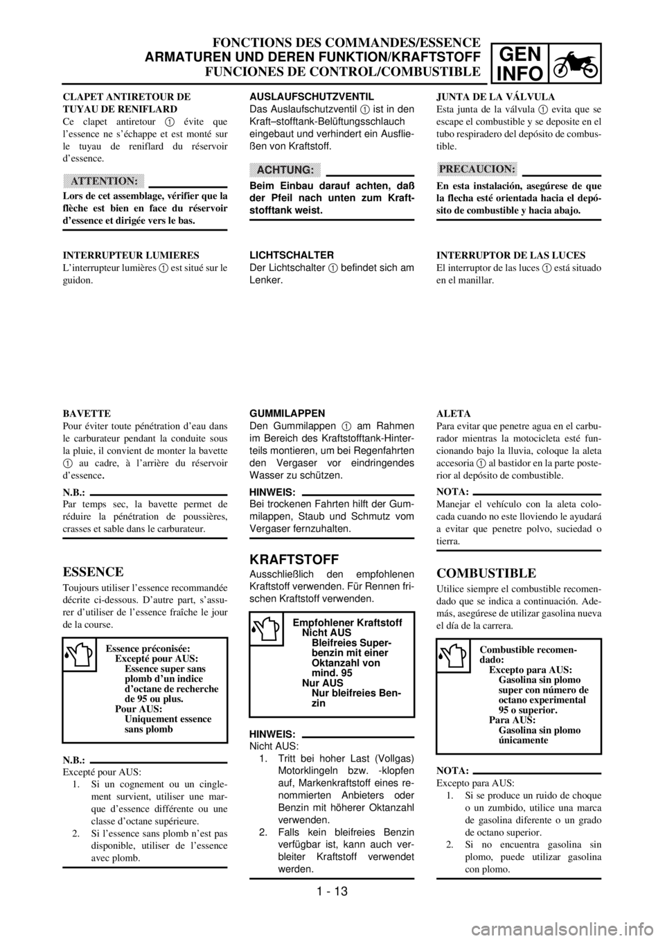 YAMAHA WR 400F 2001  Betriebsanleitungen (in German) GEN
INFO
FONCTIONS DES COMMANDES/ESSENCE
ARMATUREN UND DEREN FUNKTION/KRAFTSTOFF
FUNCIONES DE CONTROL/COMBUSTIBLE
AUSLAUFSCHUTZVENTIL
Das Auslaufschutzventil 1 ist in den
Kraft–stofftank-Belüftungs