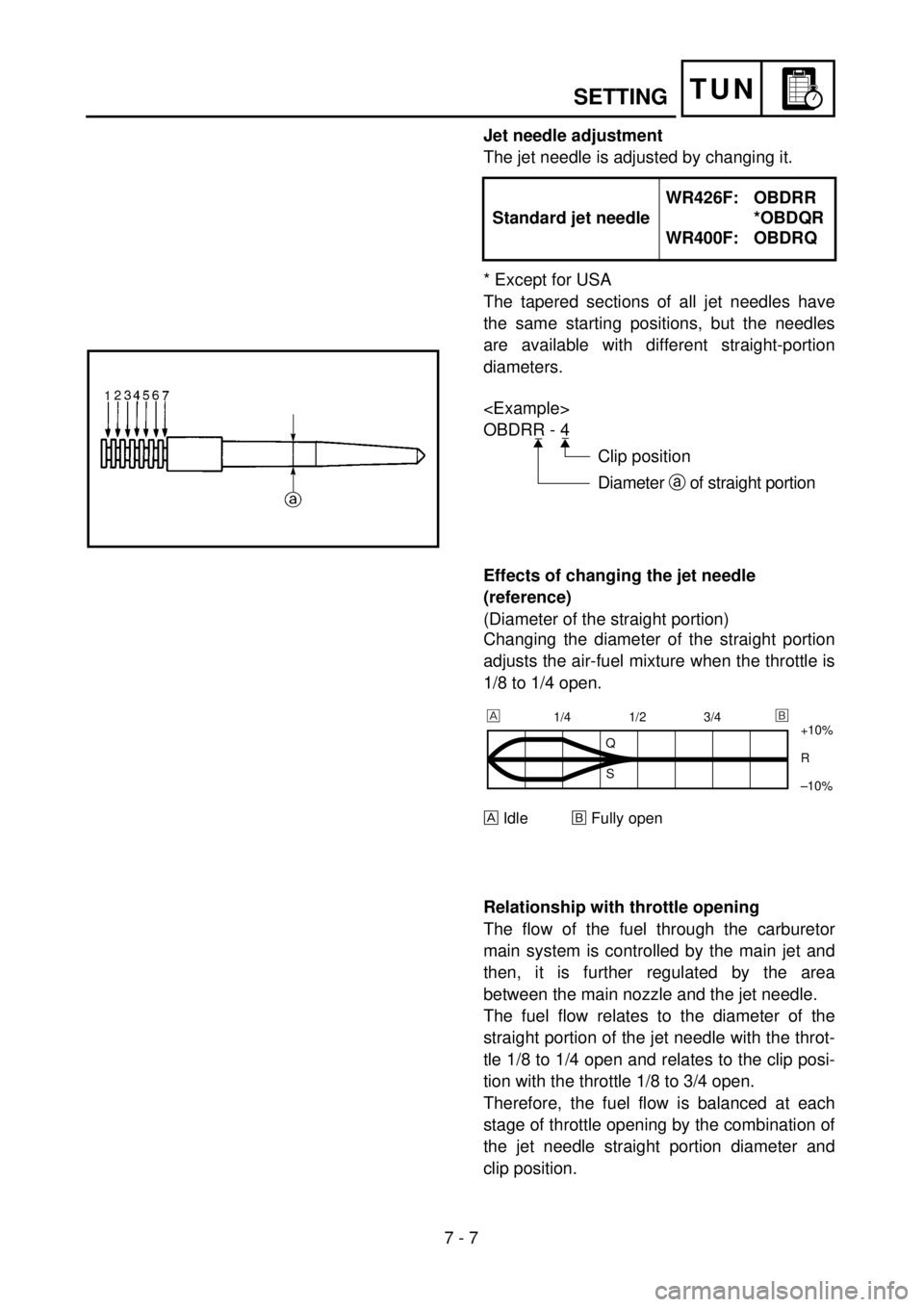 YAMAHA WR 426F 2001 Owners Manual 7 - 7
TUNSETTING
Jet needle adjustment
The jet needle is adjusted by changing it.
* Except for USA
The tapered sections of all jet needles have
the same starting positions, but the needles
are availab YAMAHA WR 426F 2001 Owners Manual 7 - 7
TUNSETTING
Jet needle adjustment
The jet needle is adjusted by changing it.
* Except for USA
The tapered sections of all jet needles have
the same starting positions, but the needles
are availab