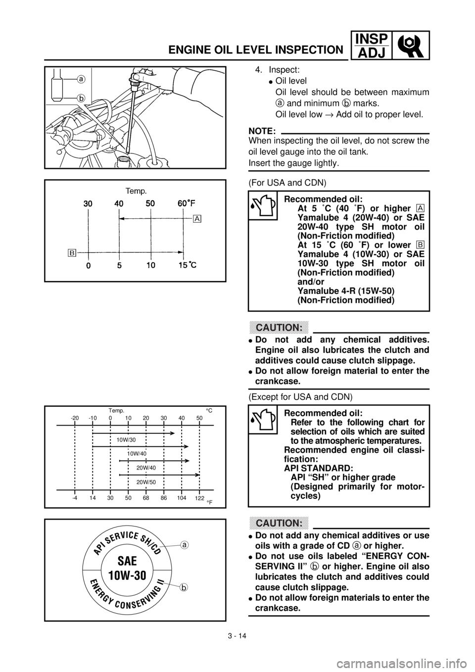 YAMAHA WR 400F 2000 Owners Manual 3 - 14
INSP
ADJ
4. Inspect:
lOil level
Oil level should be between maximum
a and minimum b marks.
Oil level low ® Add oil to proper level.
NOTE:
When inspecting the oil level, do not screw the
oil le YAMAHA WR 400F 2000 Owners Manual 3 - 14
INSP
ADJ
4. Inspect:
lOil level
Oil level should be between maximum
a and minimum b marks.
Oil level low ® Add oil to proper level.
NOTE:
When inspecting the oil level, do not screw the
oil le