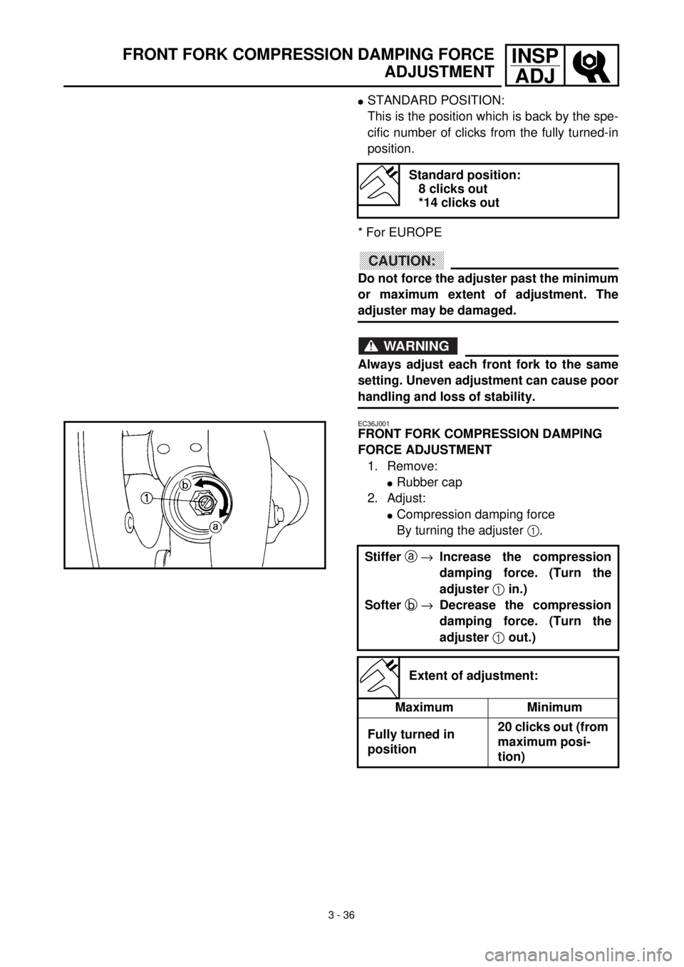 YAMAHA WR 400F 2000 Owners Manual 3 - 36
INSP
ADJFRONT FORK COMPRESSION DAMPING FORCE
ADJUSTMENT
lSTANDARD POSITION:
This is the position which is back by the spe-
cific number of clicks from the fully turned-in
position.
* For EUROPE YAMAHA WR 400F 2000 Owners Manual 3 - 36
INSP
ADJFRONT FORK COMPRESSION DAMPING FORCE
ADJUSTMENT
lSTANDARD POSITION:
This is the position which is back by the spe-
cific number of clicks from the fully turned-in
position.
* For EUROPE