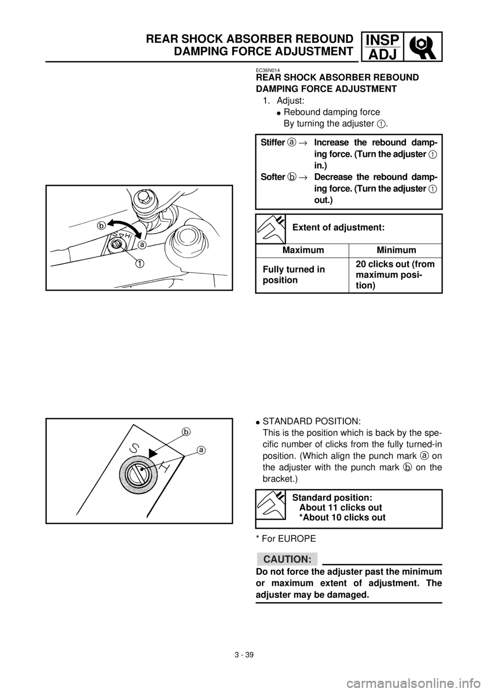YAMAHA WR 400F 2000 Owners Manual 3 - 39
INSP
ADJREAR SHOCK ABSORBER REBOUND
DAMPING FORCE ADJUSTMENT
EC36N014
REAR SHOCK ABSORBER REBOUND
DAMPING FORCE ADJUSTMENT
1. Adjust:
lRebound damping force
By turning the adjuster 1.
Stiffer YAMAHA WR 400F 2000 Owners Manual 3 - 39
INSP
ADJREAR SHOCK ABSORBER REBOUND
DAMPING FORCE ADJUSTMENT
EC36N014
REAR SHOCK ABSORBER REBOUND
DAMPING FORCE ADJUSTMENT
1. Adjust:
lRebound damping force
By turning the adjuster 1.
Stiffer