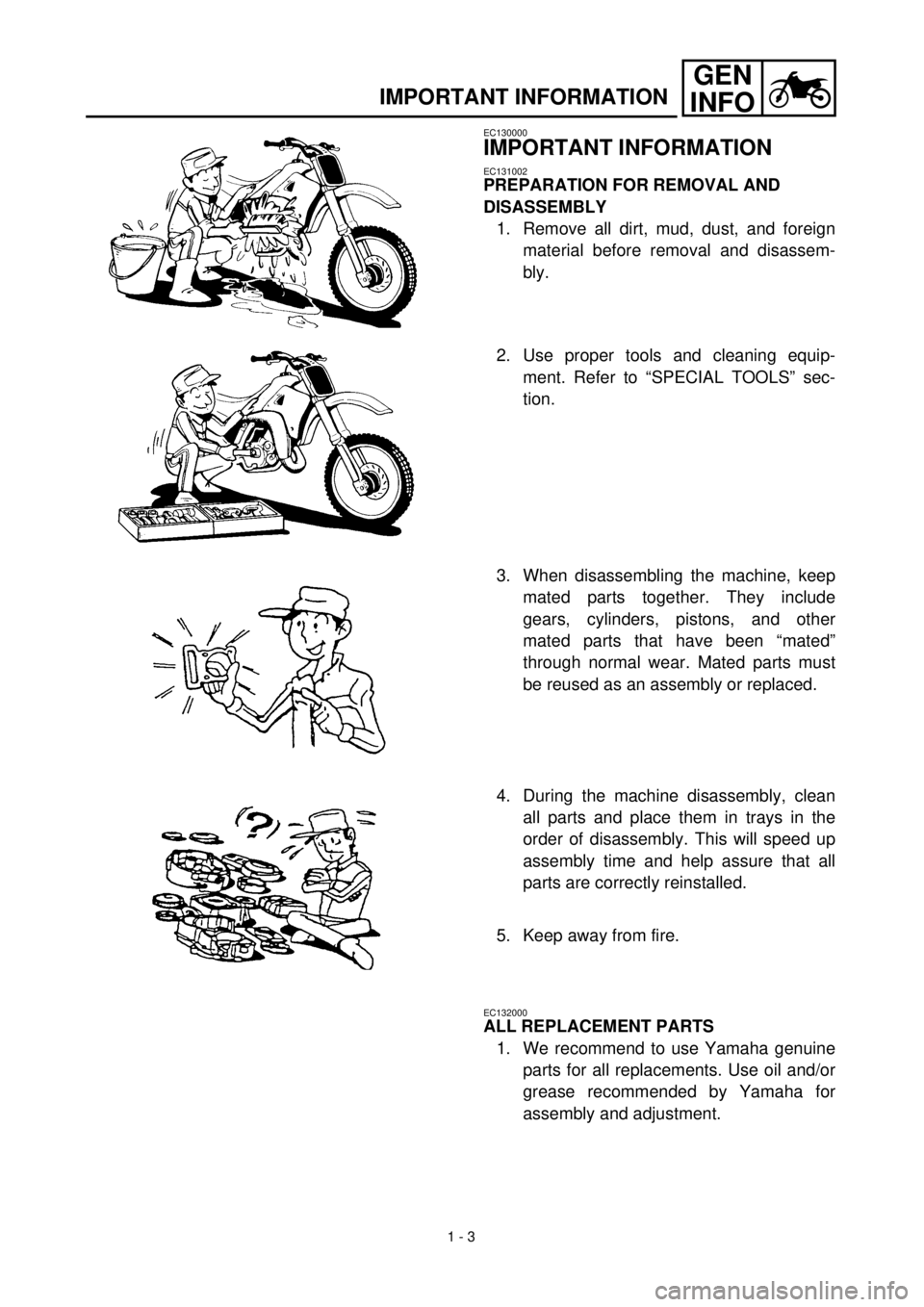 YAMAHA WR 400F 2000 Owners Manual
1 - 3
GEN
INFO
IMPORTANT INFORMATION
EC130000
IMPORTANT INFORMATION
EC131002
PREPARATION FOR REMOVAL AND
DISASSEMBLY
1. Remove all dirt, mud, dust, and foreign
material before removal and di YAMAHA WR 400F 2000 Owners Manual
1 - 3
GEN
INFO
IMPORTANT INFORMATION
EC130000
IMPORTANT INFORMATION
EC131002
PREPARATION FOR REMOVAL AND
DISASSEMBLY
1. Remove all dirt, mud, dust, and foreign
material before removal and di