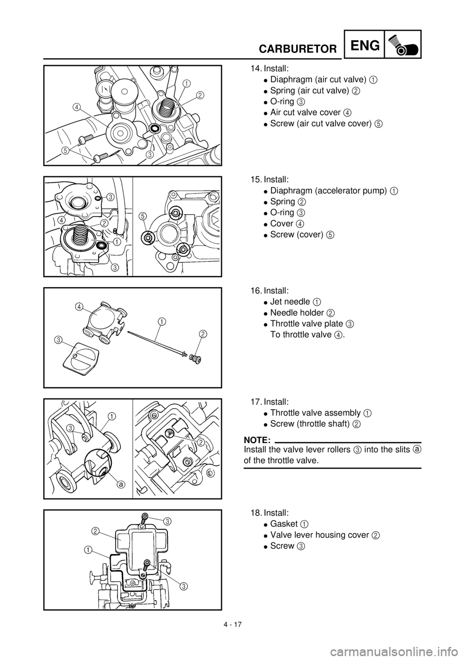 YAMAHA WR 400F 2000 Notices Demploi (in French) 4 - 17
ENGCARBURETOR
14. Install:
lDiaphragm (air cut valve) 1
lSpring (air cut valve) 2
lO-ring 3
lAir cut valve cover 4
lScrew (air cut valve cover) 5
1
2
3
5
4
15. Install:
lDiaphragm (accelerator YAMAHA WR 400F 2000 Notices Demploi (in French) 4 - 17
ENGCARBURETOR
14. Install:
lDiaphragm (air cut valve) 1
lSpring (air cut valve) 2
lO-ring 3
lAir cut valve cover 4
lScrew (air cut valve cover) 5
1
2
3
5
4
15. Install:
lDiaphragm (accelerator