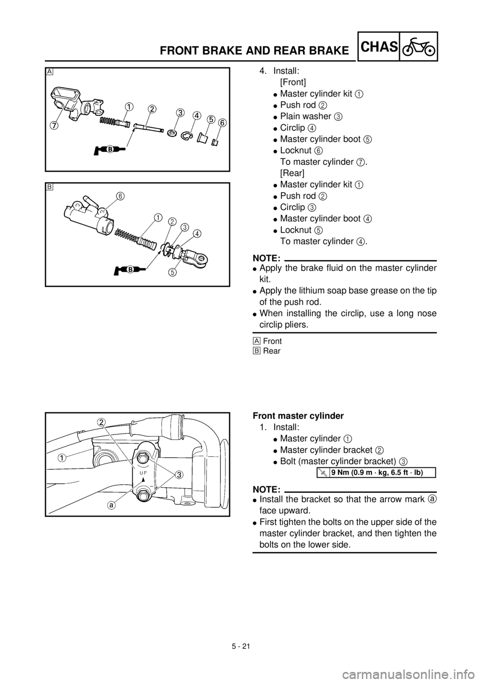 YAMAHA WR 400F 2000  Owners Manual 5 - 21
CHASFRONT BRAKE AND REAR BRAKE
4. Install:
[Front]
lMaster cylinder kit 1 
lPush rod 2 
lPlain washer 3 
lCirclip 4 
lMaster cylinder boot 5 
lLocknut 6 
To master cylinder 7.
[Rear]
lMaster cy