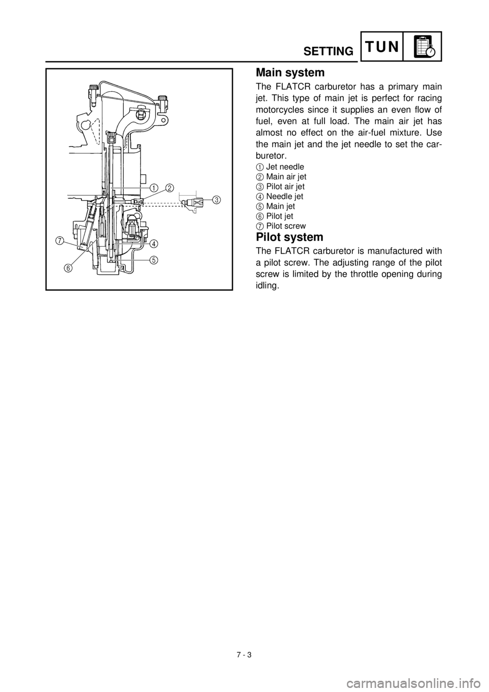 YAMAHA WR 400F 2000 Notices Demploi (in French)
7 - 3
TUN
SETTING
Main system
The FLATCR carburetor has a primary main
jet. This type of main jet is perfect for racing
motorcycles since it supplies an even flow of
fuel, even at full load. The YAMAHA WR 400F 2000 Notices Demploi (in French)
7 - 3
TUN
SETTING
Main system
The FLATCR carburetor has a primary main
jet. This type of main jet is perfect for racing
motorcycles since it supplies an even flow of
fuel, even at full load. The
