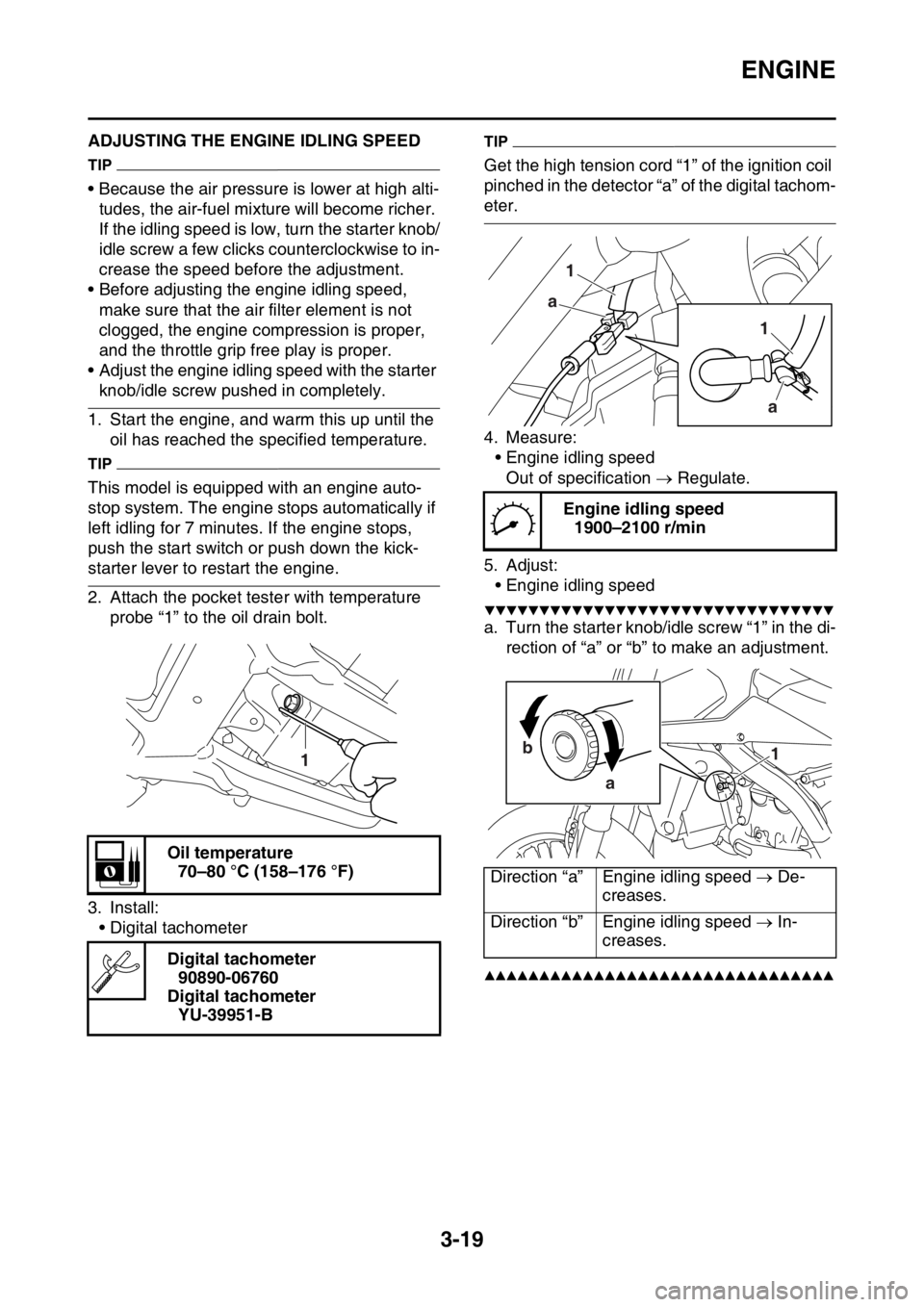 YAMAHA WR 450F 2016 User Guide ENGINE
3-19
EAS2GC1098ADJUSTING THE ENGINE IDLING SPEED
TIP
• Because the air pressure is lower at high alti-tudes, the air-fuel mixture will become richer.
If the idling speed is low, turn the sta YAMAHA WR 450F 2016 User Guide ENGINE
3-19
EAS2GC1098ADJUSTING THE ENGINE IDLING SPEED
TIP
• Because the air pressure is lower at high alti-tudes, the air-fuel mixture will become richer.
If the idling speed is low, turn the sta