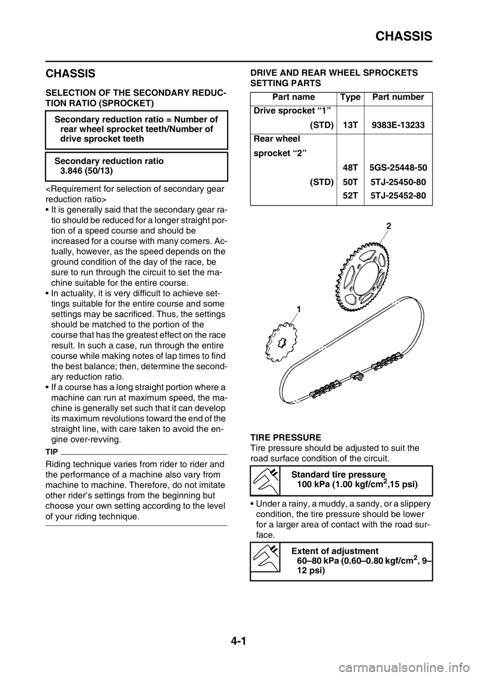 YAMAHA WR 450F 2016 Owners Manual CHASSIS
4-1
EAS2GC1136
CHASSIS
EAS2GC1137SELECTION OF THE SECONDARY REDUC-
TION RATIO (SPROCKET)
<Requirement for selection of secondary gear
reduction ratio>
• It is generally said that the second YAMAHA WR 450F 2016 Owners Manual CHASSIS
4-1
EAS2GC1136
CHASSIS
EAS2GC1137SELECTION OF THE SECONDARY REDUC-
TION RATIO (SPROCKET)
<Requirement for selection of secondary gear
reduction ratio>
• It is generally said that the second