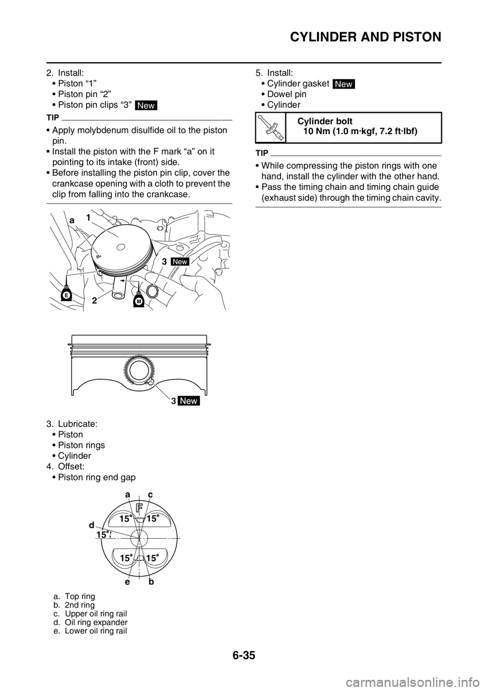 YAMAHA WR 450F 2016  Owners Manual CYLINDER AND PISTON
6-35
2. Install:• Piston “1”
• Piston pin “2”
• Piston pin clips “3” 
TIP
• Apply molybdenum disulfide oil to the piston pin.
• Install the piston with the F 