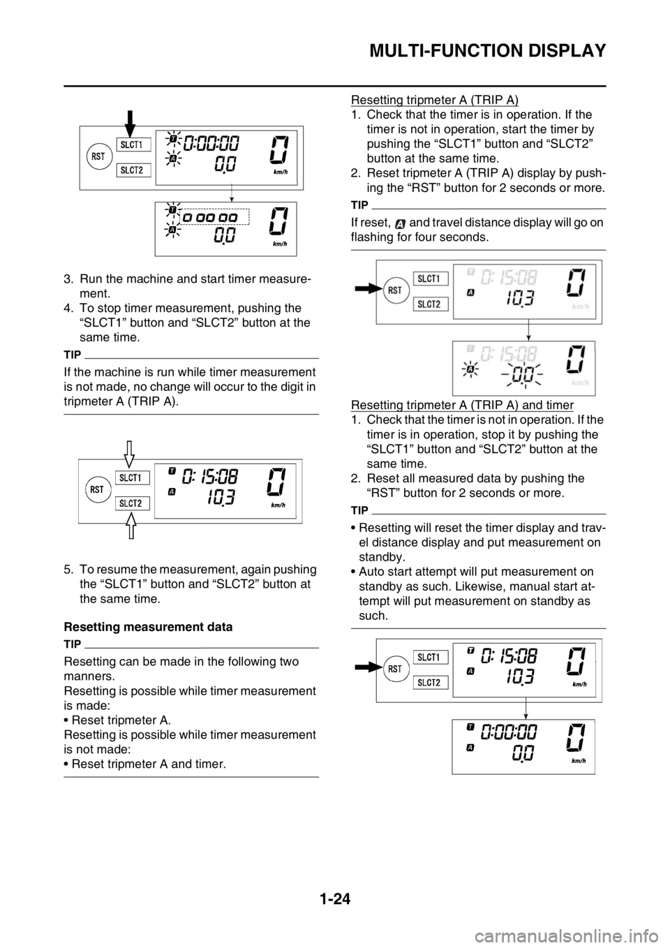 YAMAHA WR 450F 2016  Owners Manual MULTI-FUNCTION DISPLAY
1-24
3. Run the machine and start timer measure-ment.
4. To stop timer measurement, pushing the  “SLCT1” button and “SLCT2” button at the 
same time.
TIP
If the machine 