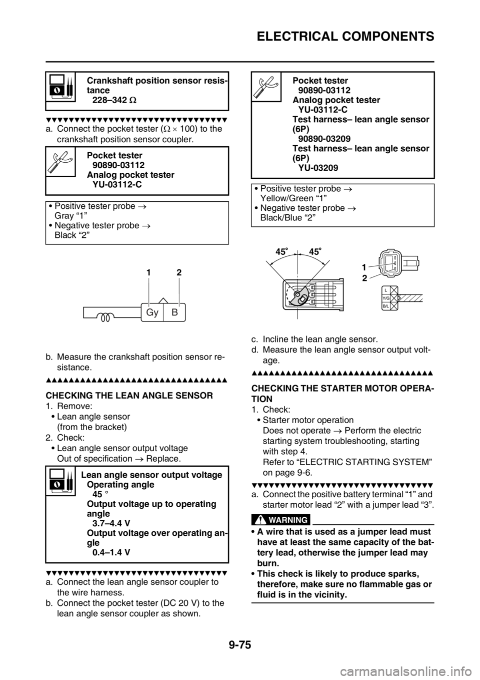 YAMAHA WR 450F 2016 Owners Manual ELECTRICAL COMPONENTS
9-75
▼▼▼▼▼▼▼▼▼▼▼▼▼▼▼▼▼▼▼▼▼▼▼▼▼▼▼▼▼▼▼▼
a. Connect the pocket tester ( 100) to the
crankshaft position sensor YAMAHA WR 450F 2016 Owners Manual ELECTRICAL COMPONENTS
9-75
▼▼▼▼▼▼▼▼▼▼▼▼▼▼▼▼▼▼▼▼▼▼▼▼▼▼▼▼▼▼▼▼
a. Connect the pocket tester ( 100) to the
crankshaft position sensor