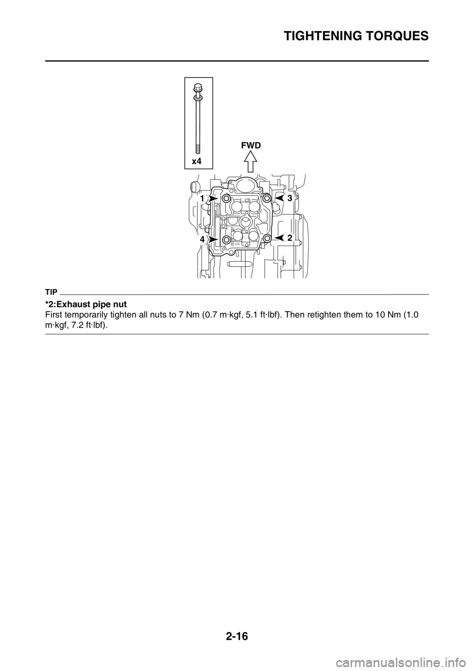 YAMAHA WR 450F 2016 Repair Manual TIGHTENING TORQUES
2-16
TIP
*2:Exhaust pipe nut
First temporarily tighten all nuts to 7 Nm (0.7 m·kgf, 5.1 ft·lbf). Then retighten them to 10 Nm (1.0
m·kgf, 7.2 ft·lbf).
1
42
3
x4
FWD YAMAHA WR 450F 2016 Repair Manual TIGHTENING TORQUES
2-16
TIP
*2:Exhaust pipe nut
First temporarily tighten all nuts to 7 Nm (0.7 m·kgf, 5.1 ft·lbf). Then retighten them to 10 Nm (1.0
m·kgf, 7.2 ft·lbf).
1
42
3
x4
FWD