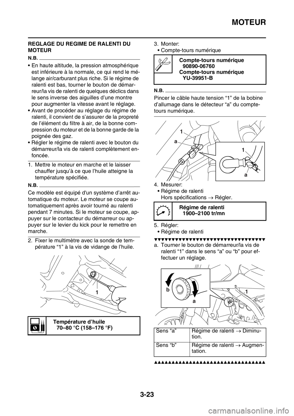 YAMAHA WR 450F 2016 Notices Demploi (in French) MOTEUR
3-23
REGLAGE DU REGIME DE RALENTI DU
MOTEUR
N.B.
• En haute altitude, la pression atmosphérique est inférieure à la normale, ce qui rend le mé-
lange air/carburant plus riche. Si le rég YAMAHA WR 450F 2016 Notices Demploi (in French) MOTEUR
3-23
REGLAGE DU REGIME DE RALENTI DU
MOTEUR
N.B.
• En haute altitude, la pression atmosphérique est inférieure à la normale, ce qui rend le mé-
lange air/carburant plus riche. Si le rég
