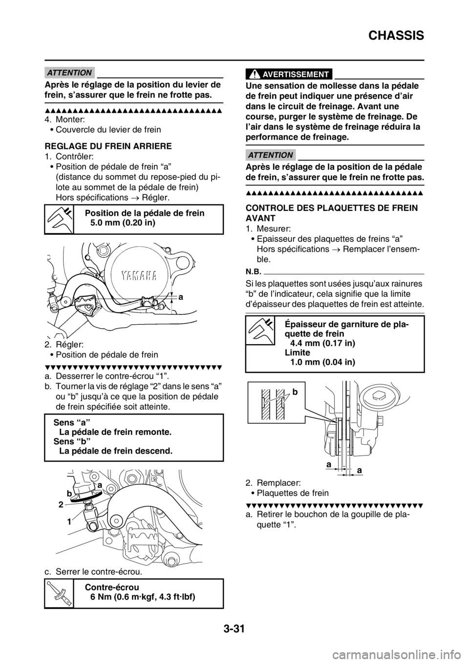 YAMAHA WR 450F 2016 Notices Demploi (in French) CHASSIS
3-31
ATTENTION
Après le réglage de la position du levier de
frein, s’assurer que le frein ne frotte pas.
▲▲▲▲▲▲▲▲▲▲▲▲▲▲▲▲▲▲▲▲▲▲▲▲▲▲▲ YAMAHA WR 450F 2016 Notices Demploi (in French) CHASSIS
3-31
ATTENTION
Après le réglage de la position du levier de
frein, s’assurer que le frein ne frotte pas.
▲▲▲▲▲▲▲▲▲▲▲▲▲▲▲▲▲▲▲▲▲▲▲▲▲▲▲