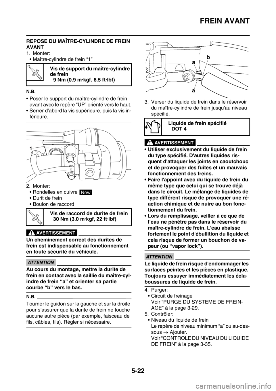 YAMAHA WR 450F 2016 Notices Demploi (in French) FREIN AVANT
5-22
REPOSE DU MAÎTRE-CYLINDRE DE FREIN
AVANT
1. Monter:• Maître-cylindre de frein “1”
N.B.
• Poser le support du maître-cylindre de frein avant avec le repère “UP” orient YAMAHA WR 450F 2016 Notices Demploi (in French) FREIN AVANT
5-22
REPOSE DU MAÎTRE-CYLINDRE DE FREIN
AVANT
1. Monter:• Maître-cylindre de frein “1”
N.B.
• Poser le support du maître-cylindre de frein avant avec le repère “UP” orient