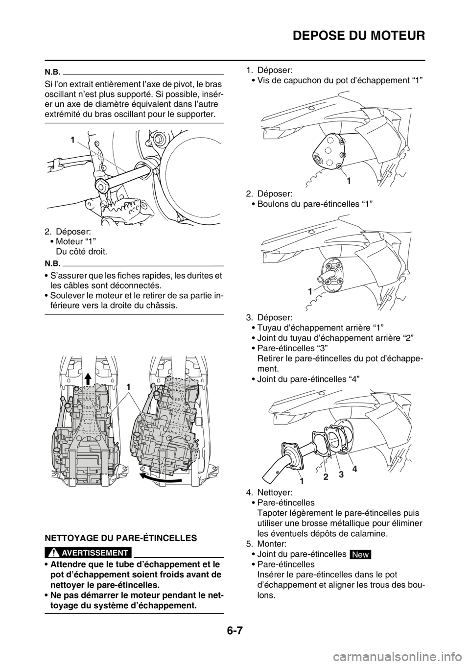 YAMAHA WR 450F 2016 Notices Demploi (in French) DEPOSE DU MOTEUR
6-7
N.B.
Si l’on extrait entièrement l’axe de pivot, le bras
oscillant n’est plus supporté. Si possible, insér-
er un axe de diamètre équivalent dans l’autre
extrémit YAMAHA WR 450F 2016 Notices Demploi (in French) DEPOSE DU MOTEUR
6-7
N.B.
Si l’on extrait entièrement l’axe de pivot, le bras
oscillant n’est plus supporté. Si possible, insér-
er un axe de diamètre équivalent dans l’autre
extrémit