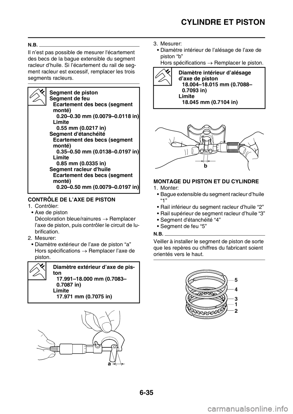 YAMAHA WR 450F 2016 Notices Demploi (in French) CYLINDRE ET PISTON
6-35
N.B.
Il n’est pas possible de mesurer lécartement
des becs de la bague extensible du segment
racleur d’huile. Si l’écartement du rail de seg-
ment racleur est excess YAMAHA WR 450F 2016 Notices Demploi (in French) CYLINDRE ET PISTON
6-35
N.B.
Il n’est pas possible de mesurer lécartement
des becs de la bague extensible du segment
racleur d’huile. Si l’écartement du rail de seg-
ment racleur est excess