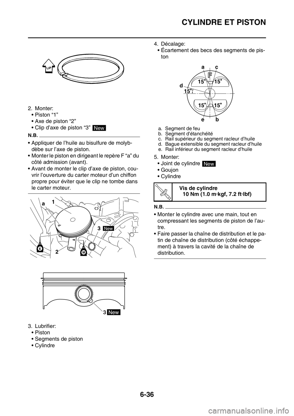YAMAHA WR 450F 2016 Notices Demploi (in French) CYLINDRE ET PISTON
6-36
2. Monter:• Piston “1”
• Axe de piston “2”
• Clip d’axe de piston “3”
N.B.
• Appliquer de l’huile au bisulfure de molyb-
dèbe sur l’axe de piston.
YAMAHA WR 450F 2016 Notices Demploi (in French) CYLINDRE ET PISTON
6-36
2. Monter:• Piston “1”
• Axe de piston “2”
• Clip d’axe de piston “3”
N.B.
• Appliquer de l’huile au bisulfure de molyb-
dèbe sur l’axe de piston.