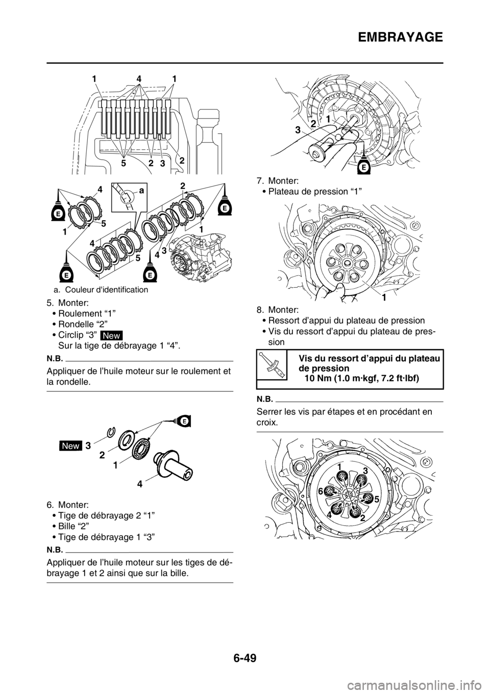 YAMAHA WR 450F 2016 Notices Demploi (in French) EMBRAYAGE
6-49
5. Monter:• Roulement “1”
• Rondelle “2”
• Circlip “3” Sur la tige de débrayage 1 “4”.
N.B.
Appliquer de l’huile moteur sur le roulement et
la rondelle.
6. Mon YAMAHA WR 450F 2016 Notices Demploi (in French) EMBRAYAGE
6-49
5. Monter:• Roulement “1”
• Rondelle “2”
• Circlip “3” Sur la tige de débrayage 1 “4”.
N.B.
Appliquer de l’huile moteur sur le roulement et
la rondelle.
6. Mon