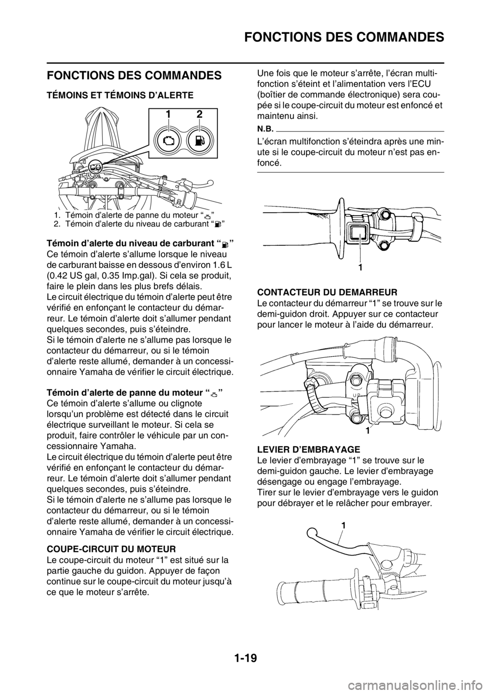 YAMAHA WR 450F 2016 Notices Demploi (in French) FONCTIONS DES COMMANDES
1-19
FAS2GB2031
FONCTIONS DES COMMANDES
FAS2GB2032TÉMOINS ET TÉMOINS D’ALERTE
Témoin d’alerte du niveau de carburant “ ”
Ce témoin d’alerte s’allume lorsque le YAMAHA WR 450F 2016 Notices Demploi (in French) FONCTIONS DES COMMANDES
1-19
FAS2GB2031
FONCTIONS DES COMMANDES
FAS2GB2032TÉMOINS ET TÉMOINS D’ALERTE
Témoin d’alerte du niveau de carburant “ ”
Ce témoin d’alerte s’allume lorsque le