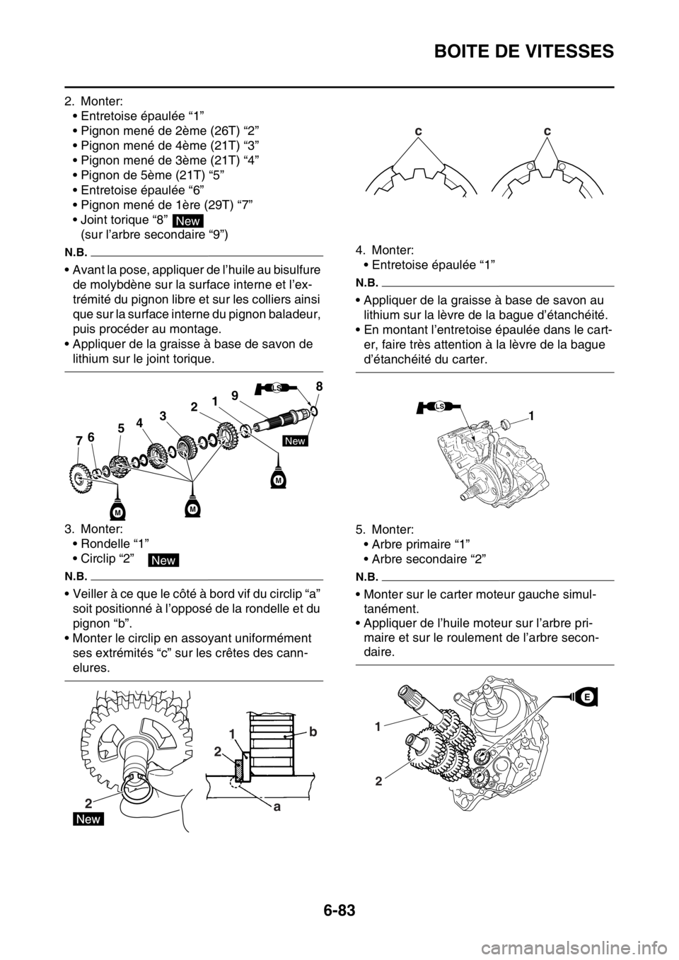 YAMAHA WR 450F 2016 Notices Demploi (in French) BOITE DE VITESSES
6-83
2. Monter:• Entretoise épaulée “1”
• Pignon mené de 2ème (26T) “2”
• Pignon mené de 4ème (21T) “3”
• Pignon mené de 3ème (21T) “4”
• Pignon de YAMAHA WR 450F 2016 Notices Demploi (in French) BOITE DE VITESSES
6-83
2. Monter:• Entretoise épaulée “1”
• Pignon mené de 2ème (26T) “2”
• Pignon mené de 4ème (21T) “3”
• Pignon mené de 3ème (21T) “4”
• Pignon de