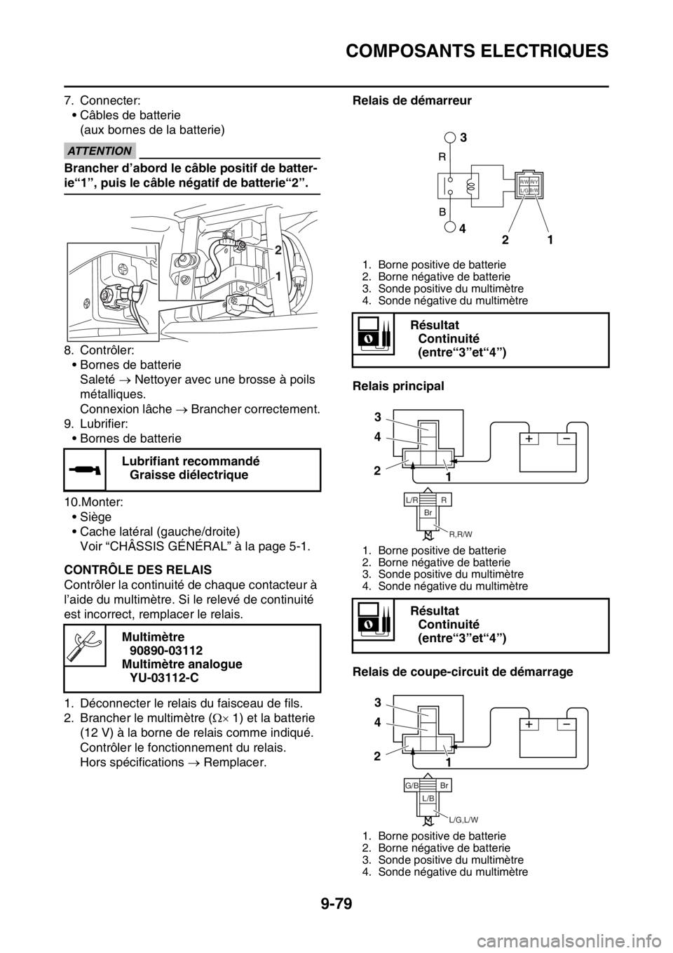YAMAHA WR 450F 2016 Notices Demploi (in French) COMPOSANTS ELECTRIQUES
9-79
7. Connecter:• Câbles de batterie(aux bornes de la batterie)
ECA
ATTENTION
Brancher d’abord le câble positif de batter-
ie“1”, puis le câble négatif de batterie YAMAHA WR 450F 2016 Notices Demploi (in French) COMPOSANTS ELECTRIQUES
9-79
7. Connecter:• Câbles de batterie(aux bornes de la batterie)
ECA
ATTENTION
Brancher d’abord le câble positif de batter-
ie“1”, puis le câble négatif de batterie