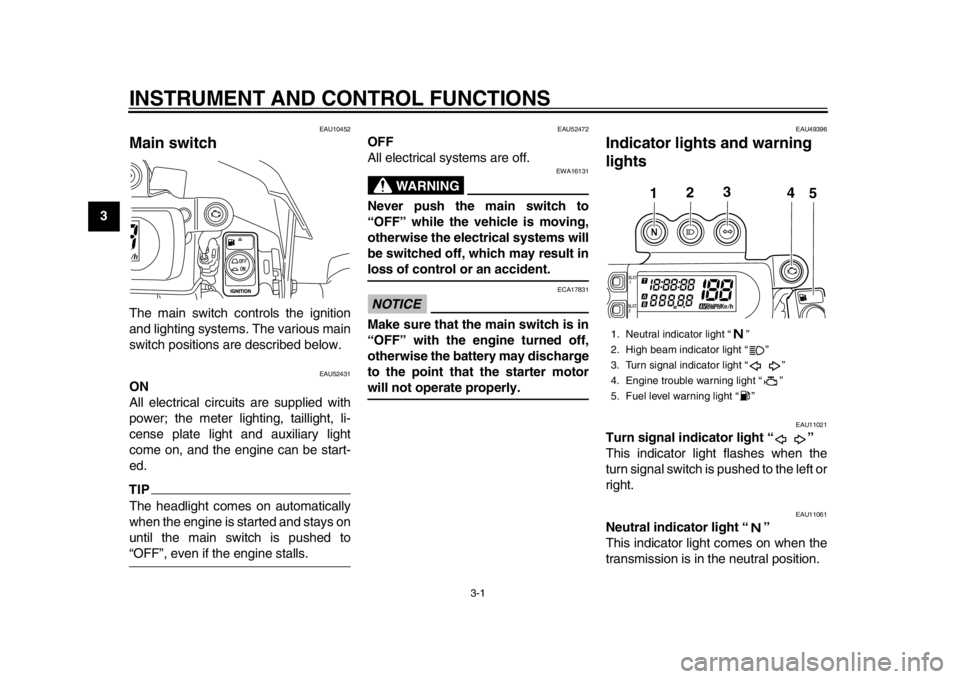 YAMAHA WR 450F 2015 User Guide 3-1
1
23
4
5
6
7
8
9
10
11
12
INSTRUMENT AND CONTROL FUNCTIONS
EAU10452
Main switchThe main switch controls the ignition
and lighting systems. The various main
switch positions are described below.
EA YAMAHA WR 450F 2015 User Guide 3-1
1
23
4
5
6
7
8
9
10
11
12
INSTRUMENT AND CONTROL FUNCTIONS
EAU10452
Main switchThe main switch controls the ignition
and lighting systems. The various main
switch positions are described below.
EA