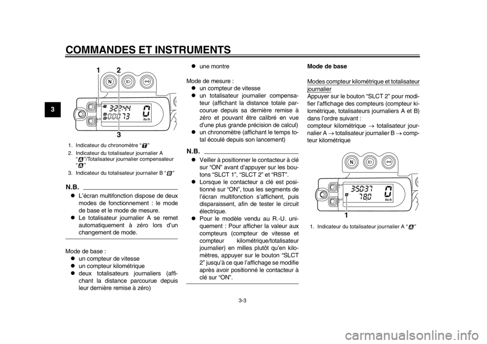 YAMAHA WR 450F 2015 Notices Demploi (in French) COMMANDES ET INSTRUMENTS
3-3
1
23
4
5
6
7
8
9
10
11
12
N.B.
L’écran multifonction dispose de deux
modes de foncti onnement : le mode
de base et le mode de mesure.
Le totalisateur journalier YAMAHA WR 450F 2015 Notices Demploi (in French) COMMANDES ET INSTRUMENTS
3-3
1
23
4
5
6
7
8
9
10
11
12
N.B.
L’écran multifonction dispose de deux
modes de foncti onnement : le mode
de base et le mode de mesure.
Le totalisateur journalier