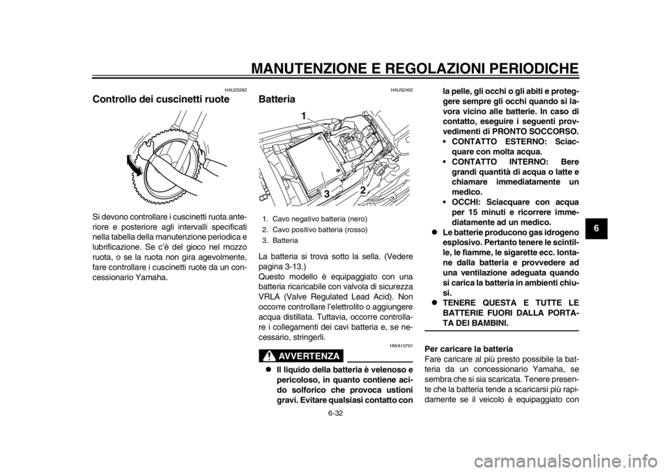 YAMAHA WR 450F 2015 Manuale duso (in Italian) MANUTENZIONE E REGOLAZIONI PERIODICHE
6-32
1
2
3
4
567
8
9
10
11
12
HAU23292
Controllo dei cuscinetti ruoteSi devono controllare i cuscinetti ruota ante-
riore e posteriore agli intervalli specificat YAMAHA WR 450F 2015 Manuale duso (in Italian) MANUTENZIONE E REGOLAZIONI PERIODICHE
6-32
1
2
3
4
567
8
9
10
11
12
HAU23292
Controllo dei cuscinetti ruoteSi devono controllare i cuscinetti ruota ante-
riore e posteriore agli intervalli specificat