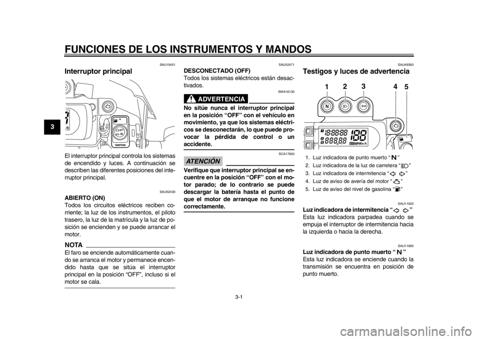 YAMAHA WR 450F 2014 Manuale de Empleo (in Spanish) 3-1
1
23
4
5
6
7
8
9
FUNCIONES DE LOS INSTRUMENTOS Y MANDOS
SAU10451
Interruptor principal El interruptor principal controla los sistemas
de encendido y luces. A continuación se
describen las diferen YAMAHA WR 450F 2014 Manuale de Empleo (in Spanish) 3-1
1
23
4
5
6
7
8
9
FUNCIONES DE LOS INSTRUMENTOS Y MANDOS
SAU10451
Interruptor principal El interruptor principal controla los sistemas
de encendido y luces. A continuación se
describen las diferen