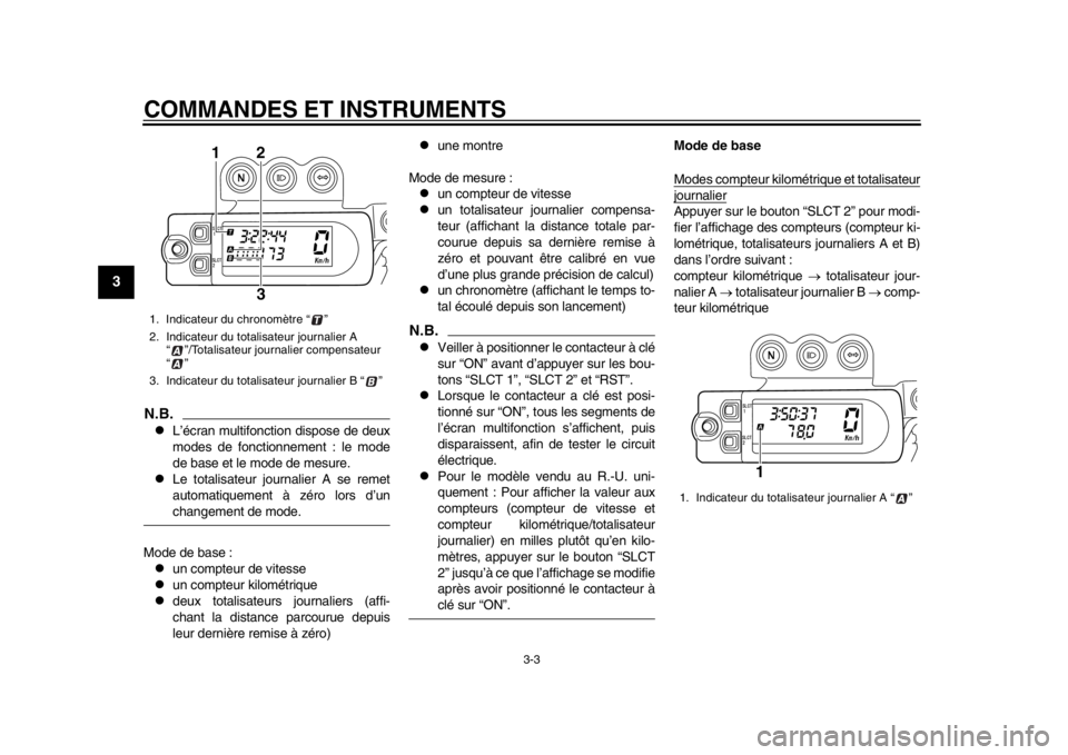 YAMAHA WR 450F 2014 Notices Demploi (in French) COMMANDES ET INSTRUMENTS
3-3
1
23
4
5
6
7
8
9
N.B.
L’écran multifonction dispose de deux
modes de fonctionnement : le mode
de base et le mode de mesure.
Le totalisateur journalier A se remet YAMAHA WR 450F 2014 Notices Demploi (in French) COMMANDES ET INSTRUMENTS
3-3
1
23
4
5
6
7
8
9
N.B.
L’écran multifonction dispose de deux
modes de fonctionnement : le mode
de base et le mode de mesure.
Le totalisateur journalier A se remet