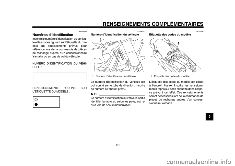 YAMAHA WR 450F 2014 Notices Demploi (in French) 9-1
2
3
4
5
6
7
89
RENSEIGNEMENTS COMPLÉMENTAIRES
FAU48612
Numéros d’identification Inscrire le numéro d’identification du véhicu-
le et les codes figurant sur l’étiquette du mo-
dèle aux YAMAHA WR 450F 2014 Notices Demploi (in French) 9-1
2
3
4
5
6
7
89
RENSEIGNEMENTS COMPLÉMENTAIRES
FAU48612
Numéros d’identification Inscrire le numéro d’identification du véhicu-
le et les codes figurant sur l’étiquette du mo-
dèle aux