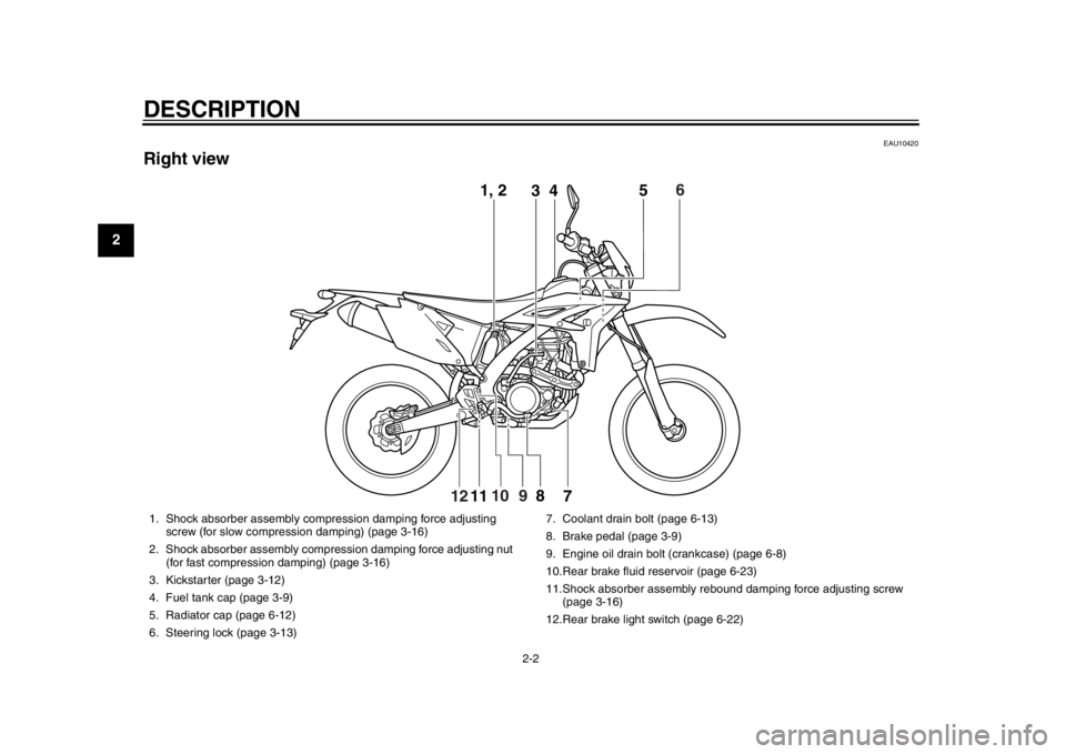 YAMAHA WR 450F 2013  Owners Manual DESCRIPTION
2-2
12
3
4
5
6
7
8
9
EAU10420
Right view
1, 23 5
7
8
11
6
10
12
9 4
1. Shock absorber assembly comp
ression damping force adjusting 
screw (for slow compression damping) (page 3-16)
2. Sho