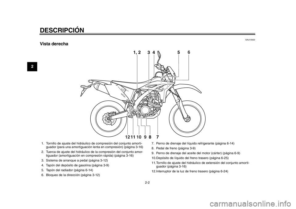 YAMAHA WR 450F 2013  Manuale de Empleo (in Spanish) DESCRIPCIÓN
2-2
12
3
4
5
6
7
8
9
SAU10420
Vista derecha
1, 23 5
7
8
11
6
10
12
9 4
1. Tornillo de ajuste del hidráulic
o de compresión del conjunto amorti-
guador (para una amortiguación lent a en