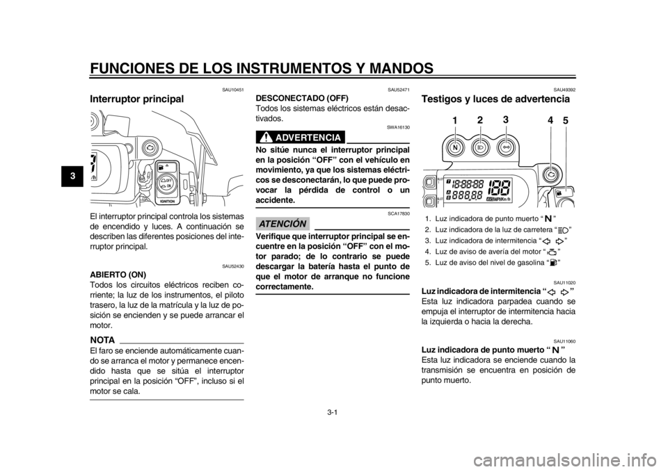 YAMAHA WR 450F 2013  Manuale de Empleo (in Spanish) 3-1
1
23
4
5
6
7
8
9
FUNCIONES DE LOS INSTRUMENTOS Y MANDOS
SAU10451
Interruptor principal El interruptor principal controla los sistemas
de encendido y luces. A continuación se
describen las diferen