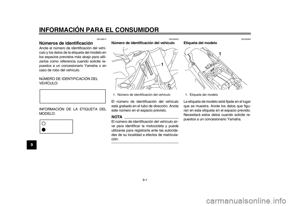 YAMAHA WR 450F 2013  Manuale de Empleo (in Spanish) 9-1
1
2
3
4
5
6
7
89
INFORMACIÓN PARA EL CONSUMIDOR
SAU48612
Números de identificación Anote el número de identificación del vehí-
culo y los datos de la etiqueta del modelo en
los espacios prev