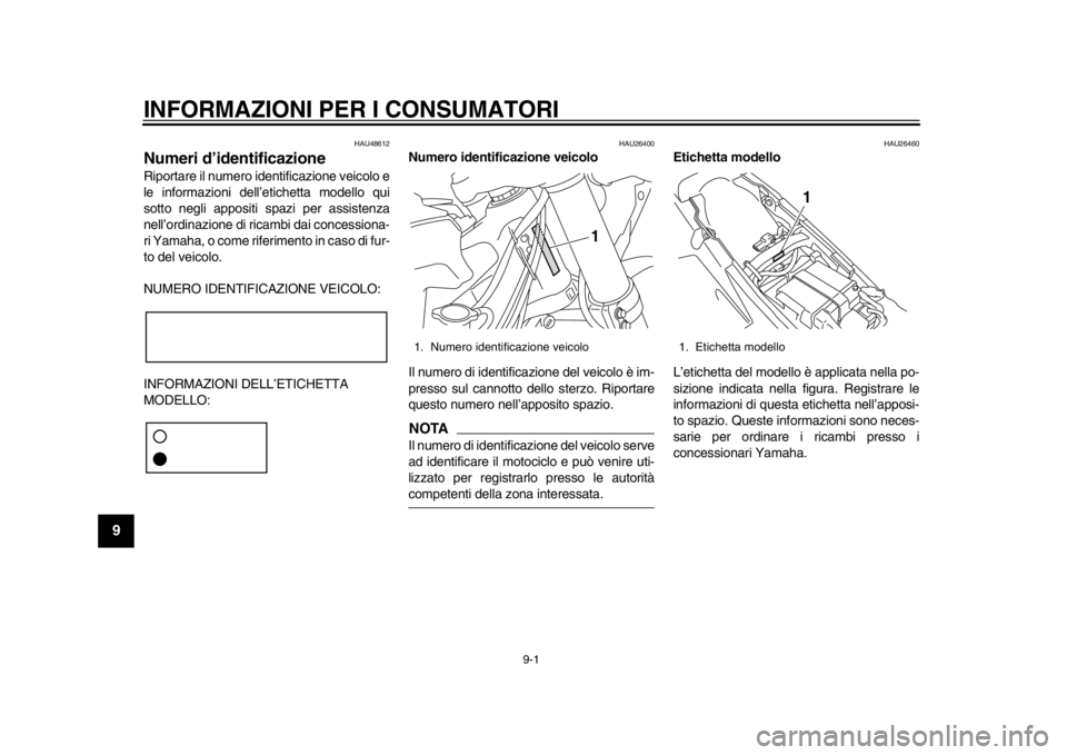 YAMAHA WR 450F 2013  Manuale duso (in Italian) 9-1
1
2
3
4
5
6
7
89
INFORMAZIONI PER I CONSUMATORI
HAU48612
Numeri d’identificazione Riportare il numero identificazione veicolo e
le informazioni dell’etichetta modello qui
sotto negli appositi 