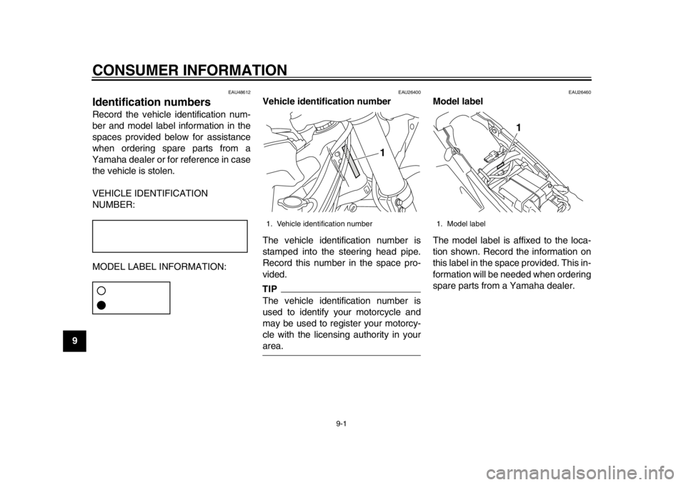 YAMAHA WR 450F 2012 Owners Manual 9-1
1
2
3
4
5
6
7
89
CONSUMER INFORMATION
EAU48612
Identification numbers Record the vehicle identification num-
ber and model label information in the
spaces provided below for assistance
when orderi YAMAHA WR 450F 2012 Owners Manual 9-1
1
2
3
4
5
6
7
89
CONSUMER INFORMATION
EAU48612
Identification numbers Record the vehicle identification num-
ber and model label information in the
spaces provided below for assistance
when orderi