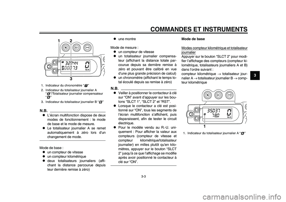 YAMAHA WR 450F 2012 Notices Demploi (in French) COMMANDES ET INSTRUMENTS
3-3
234
5
6
7
8
9
N.B.
L’écran multifonction dispose de deux
modes de fonctionnement : le mode
de base et le mode de mesure.
Le totalisateur journalier A se remet
au YAMAHA WR 450F 2012 Notices Demploi (in French) COMMANDES ET INSTRUMENTS
3-3
234
5
6
7
8
9
N.B.
L’écran multifonction dispose de deux
modes de fonctionnement : le mode
de base et le mode de mesure.
Le totalisateur journalier A se remet
au