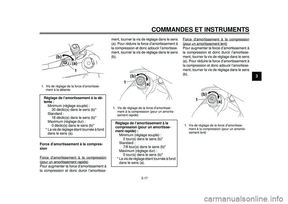 YAMAHA WR 450F 2012 Notices Demploi (in French) COMMANDES ET INSTRUMENTS
3-17
234
5
6
7
8
9
Force d’amortissement à la compres-
sion
Force d’amortissement à la compression(pour un amortissement rapide)Pour augmenter la force d’amortissement YAMAHA WR 450F 2012 Notices Demploi (in French) COMMANDES ET INSTRUMENTS
3-17
234
5
6
7
8
9
Force d’amortissement à la compres-
sion
Force d’amortissement à la compression(pour un amortissement rapide)Pour augmenter la force d’amortissement