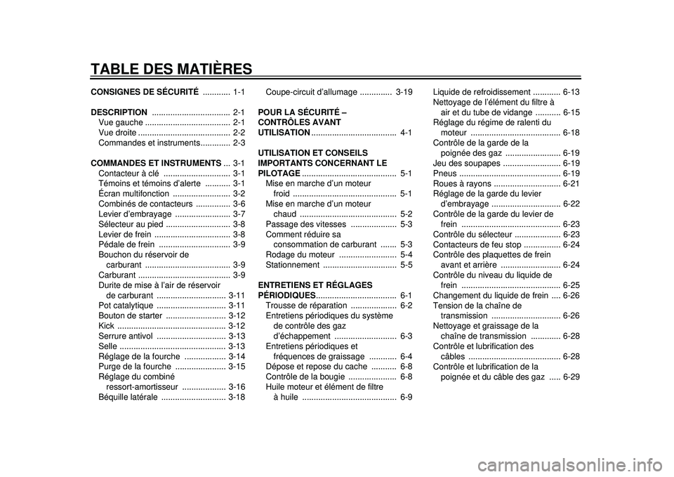 YAMAHA WR 450F 2012  Notices Demploi (in French) TABLE DES MATIÈRESCONSIGNES DE SÉCURITÉ ............  1-1
DESCRIPTION  ..................................  2-1
Vue gauche .....................................  2-1
Vue droite .....................