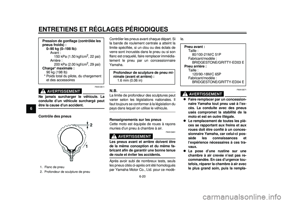 YAMAHA WR 450F 2012 Notices Demploi (in French) ENTRETIENS ET RÉGLAGES PÉRIODIQUES
6-20
1
2
3
4
56
7
8
9
AVERTISSEMENT
FWA10511
Ne jamais surcharger le véhicule. La
conduite d’un véhicule surchargé peutêtre la cause d’un accident.
Contrô YAMAHA WR 450F 2012 Notices Demploi (in French) ENTRETIENS ET RÉGLAGES PÉRIODIQUES
6-20
1
2
3
4
56
7
8
9
AVERTISSEMENT
FWA10511
Ne jamais surcharger le véhicule. La
conduite d’un véhicule surchargé peutêtre la cause d’un accident.
Contrô
