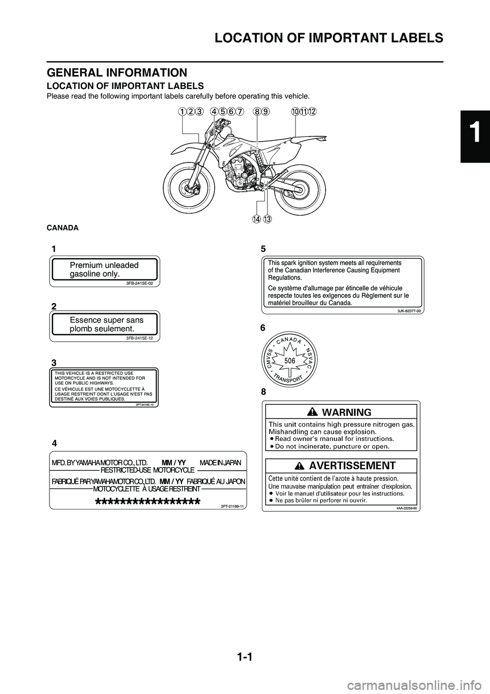 YAMAHA WR 450F 2011 User Guide 1-1
LOCATION OF IMPORTANT LABELS
GENERAL INFORMATION
LOCATION OF IMPORTANT LABELS
Please read the following important labels carefully before operating this vehicle.
CANADA
Essence super sans
plomb se