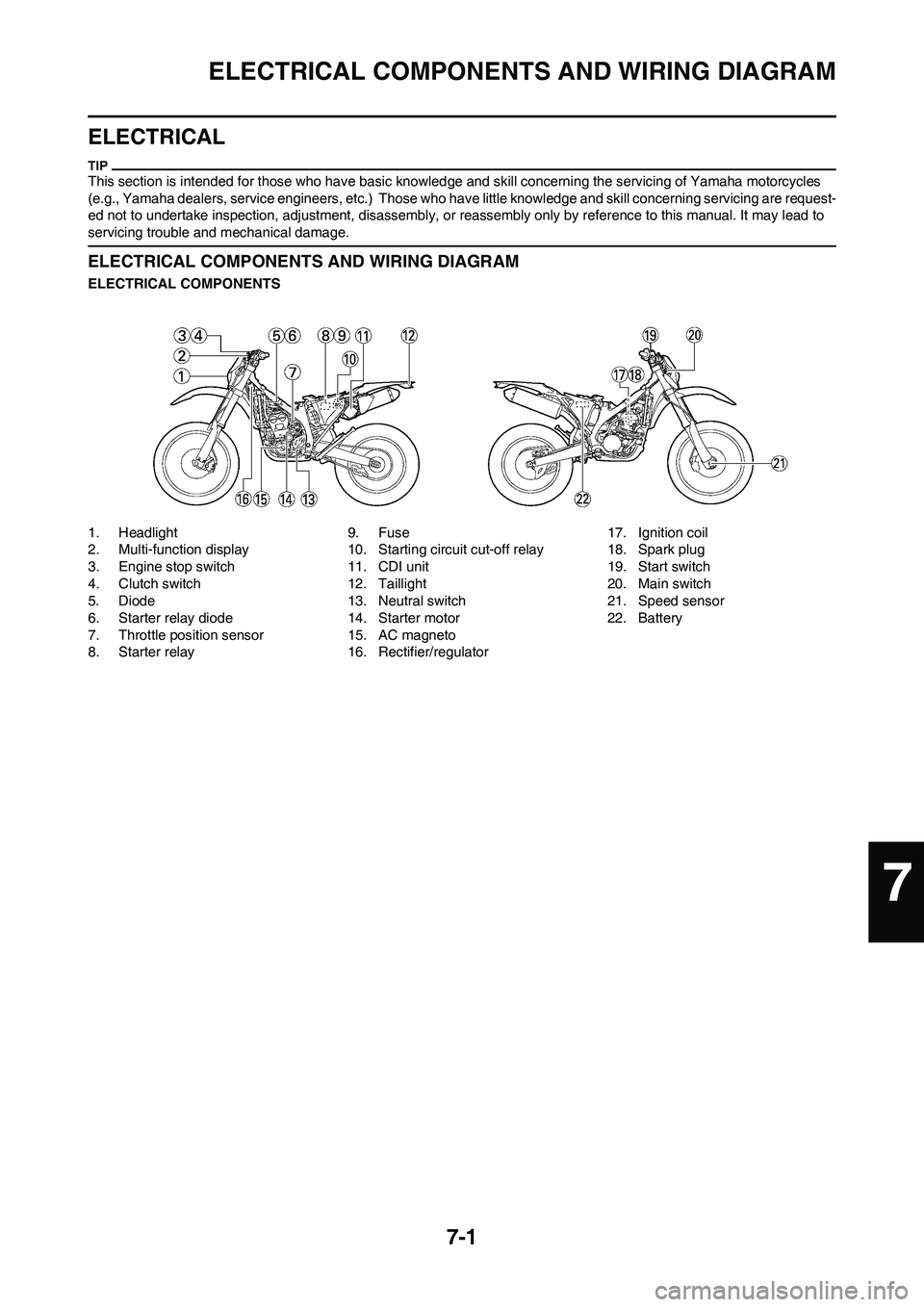 YAMAHA WR 450F 2011 Owners Manual 7-1
ELECTRICAL COMPONENTS AND WIRING DIAGRAM
ELECTRICAL
This section is intended for those who have basic knowledge and skill concerning the servicing of Yamaha motorcycles
(e.g., Yamaha dealers, ser YAMAHA WR 450F 2011 Owners Manual 7-1
ELECTRICAL COMPONENTS AND WIRING DIAGRAM
ELECTRICAL
This section is intended for those who have basic knowledge and skill concerning the servicing of Yamaha motorcycles
(e.g., Yamaha dealers, ser
