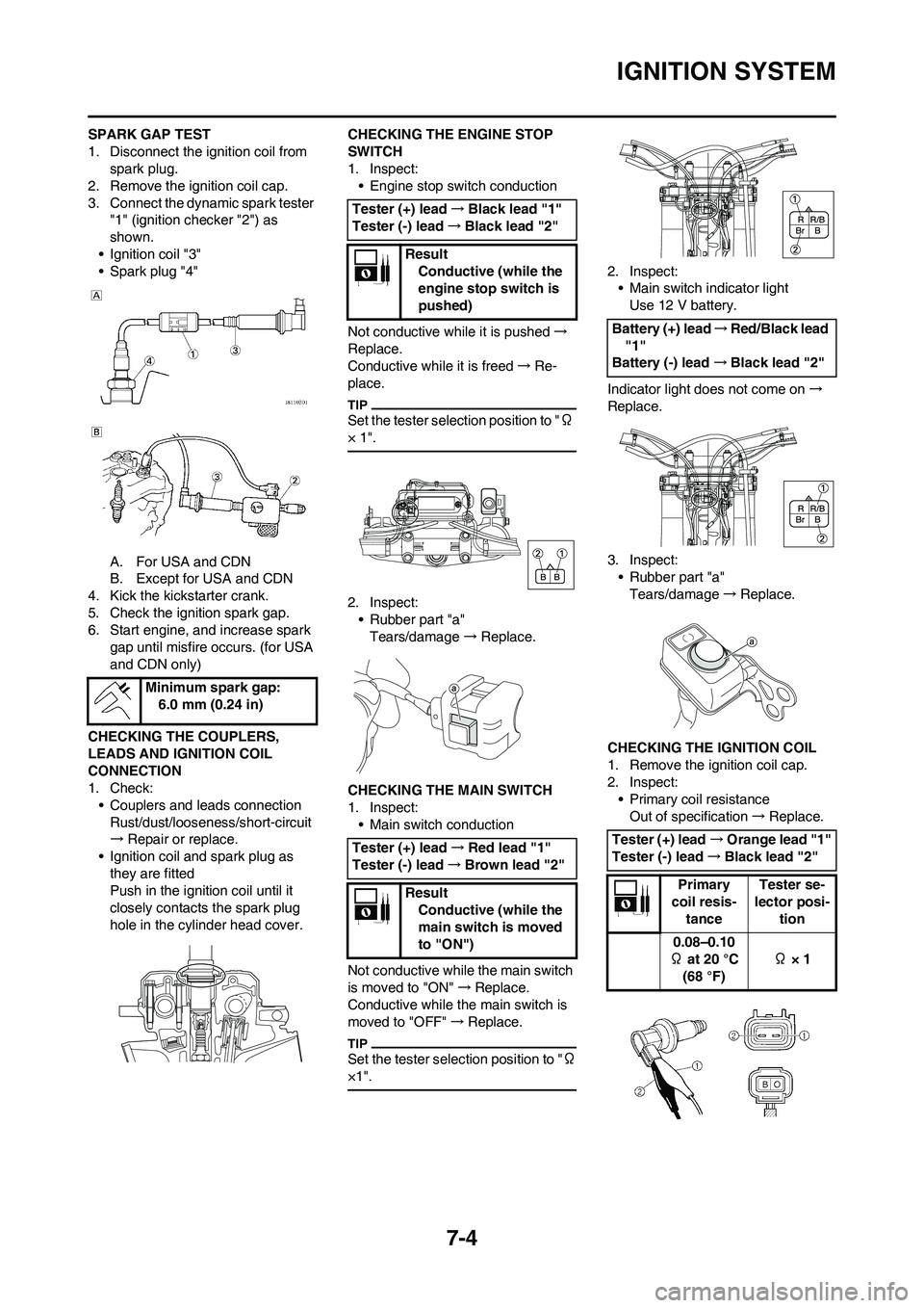 YAMAHA WR 450F 2011 Owners Manual 7-4
IGNITION SYSTEM
SPARK GAP TEST
1. Disconnect the ignition coil from
spark plug.
2. Remove the ignition coil cap.
3. Connect the dynamic spark tester
"1" (ignition checker "2") as
shown.
• Ign YAMAHA WR 450F 2011 Owners Manual 7-4
IGNITION SYSTEM
SPARK GAP TEST
1. Disconnect the ignition coil from
spark plug.
2. Remove the ignition coil cap.
3. Connect the dynamic spark tester
"1" (ignition checker "2") as
shown.
• Ign