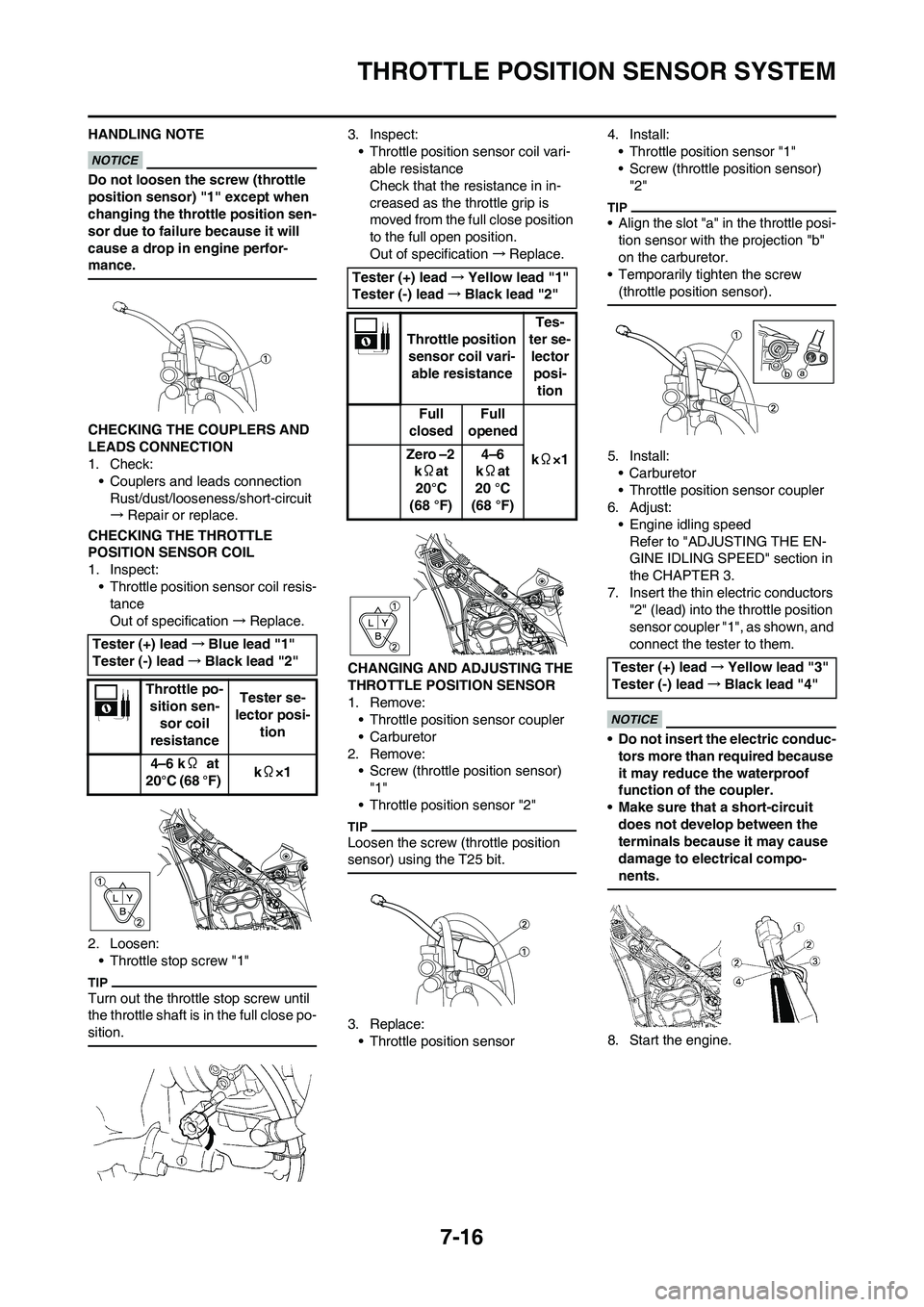 YAMAHA WR 450F 2011 Owners Manual 7-16
THROTTLE POSITION SENSOR SYSTEM
HANDLING NOTE
Do not loosen the screw (throttle
position sensor) "1" except when
changing the throttle position sen-
sor due to failure because it will
cause a YAMAHA WR 450F 2011 Owners Manual 7-16
THROTTLE POSITION SENSOR SYSTEM
HANDLING NOTE
Do not loosen the screw (throttle
position sensor) "1" except when
changing the throttle position sen-
sor due to failure because it will
cause a