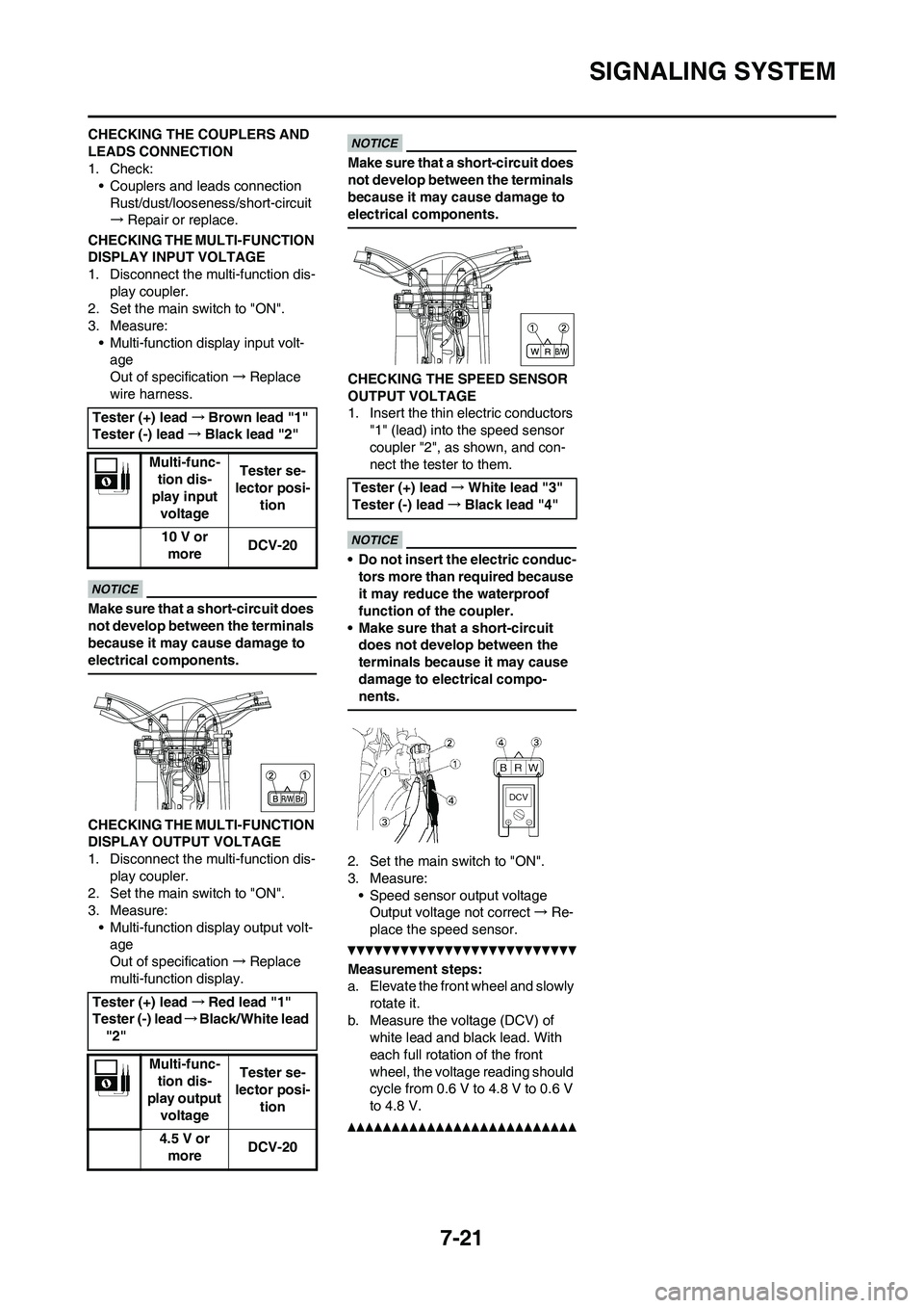 YAMAHA WR 450F 2011 Owners Manual 7-21
SIGNALING SYSTEM
CHECKING THE COUPLERS AND
LEADS CONNECTION
1. Check:
• Couplers and leads connection
Rust/dust/looseness/short-circuit
→Repair or replace.
CHECKING THE MULTI-FUNCTION
DISPL YAMAHA WR 450F 2011 Owners Manual 7-21
SIGNALING SYSTEM
CHECKING THE COUPLERS AND
LEADS CONNECTION
1. Check:
• Couplers and leads connection
Rust/dust/looseness/short-circuit
→Repair or replace.
CHECKING THE MULTI-FUNCTION
DISPL