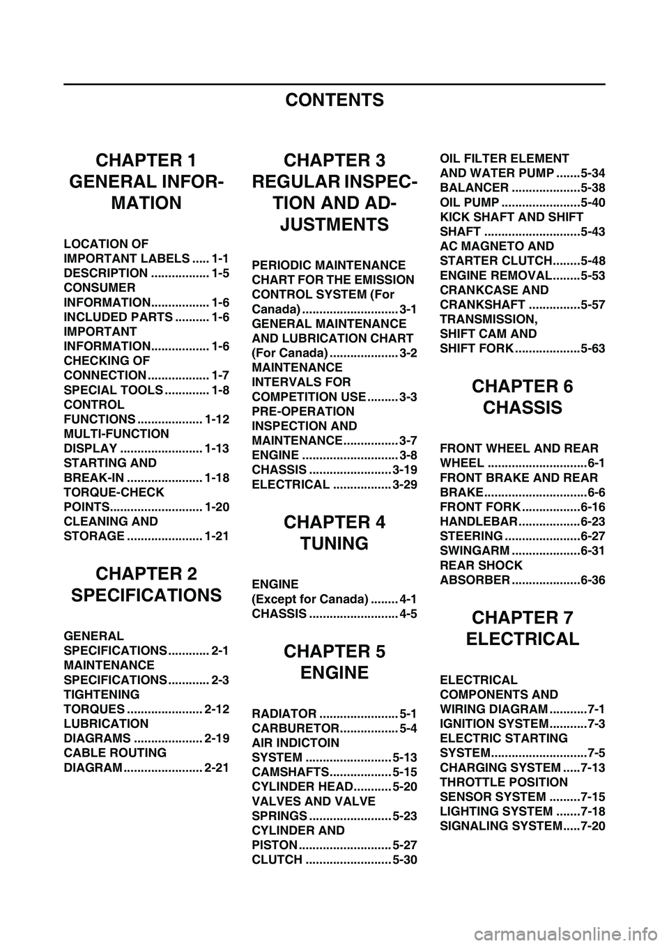 YAMAHA WR 450F 2011 Owners Manual
CONTENTS
CHAPTER 1
GENERAL INFOR-
MATION
LOCATION OF
IMPORTANT LABELS ..... 1-1
DESCRIPTION ................. 1-5
CONSUMER
INFORMATION................. 1-6
INCLUDED PARTS .......... 1-6
IMPORTANT
YAMAHA WR 450F 2011 Owners Manual
CONTENTS
CHAPTER 1
GENERAL INFOR-
MATION
LOCATION OF
IMPORTANT LABELS ..... 1-1
DESCRIPTION ................. 1-5
CONSUMER
INFORMATION................. 1-6
INCLUDED PARTS .......... 1-6
IMPORTANT