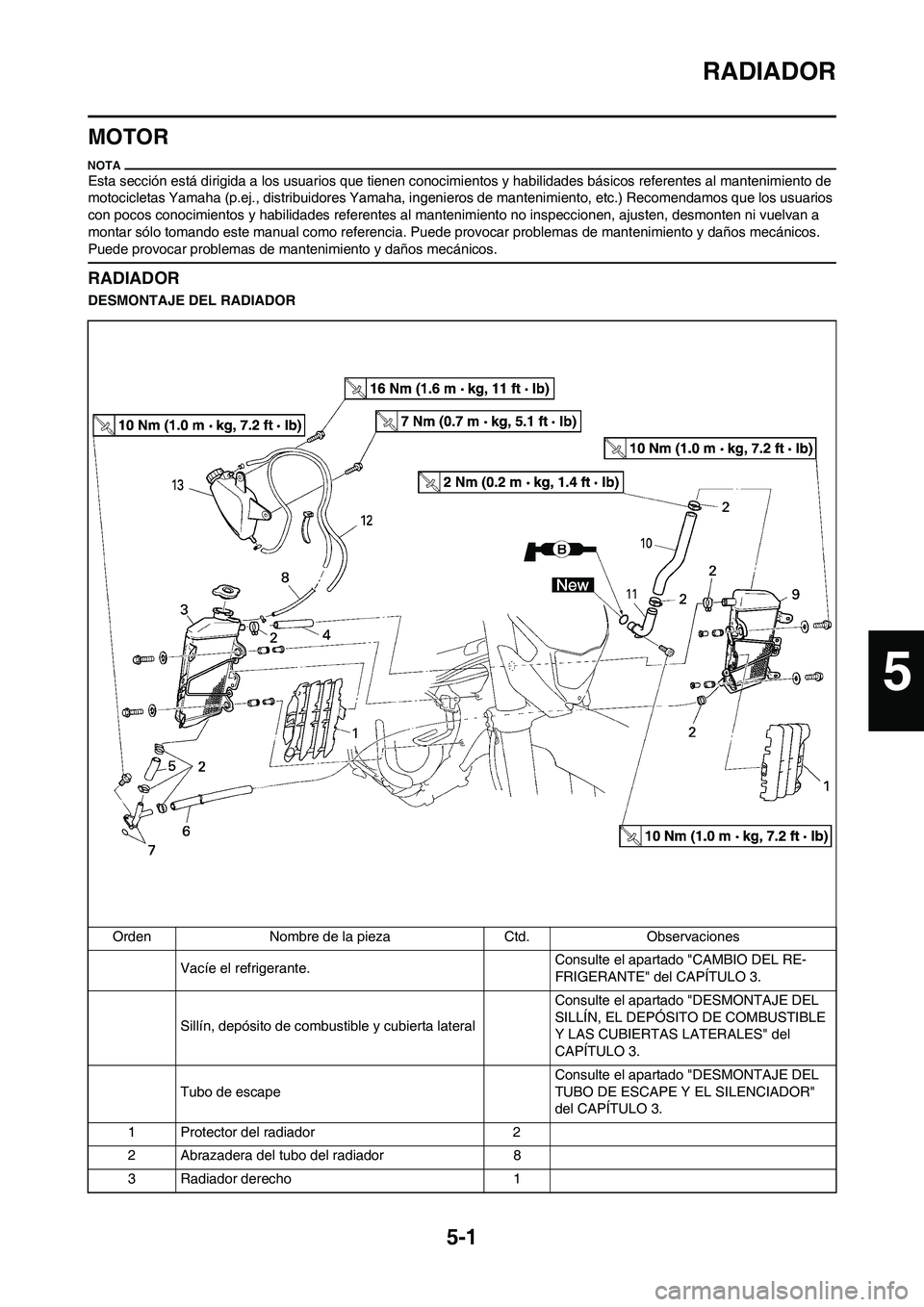 YAMAHA WR 450F 2011 Manuale de Empleo (in Spanish) 5-1
RADIADOR
MOTOR
Esta sección está dirigida a los usuarios que tienen conocimientos y habilidades básicos referentes al mantenimiento de
motocicletas Yamaha (p.ej., distribuidores Yamaha, ingeni YAMAHA WR 450F 2011 Manuale de Empleo (in Spanish) 5-1
RADIADOR
MOTOR
Esta sección está dirigida a los usuarios que tienen conocimientos y habilidades básicos referentes al mantenimiento de
motocicletas Yamaha (p.ej., distribuidores Yamaha, ingeni