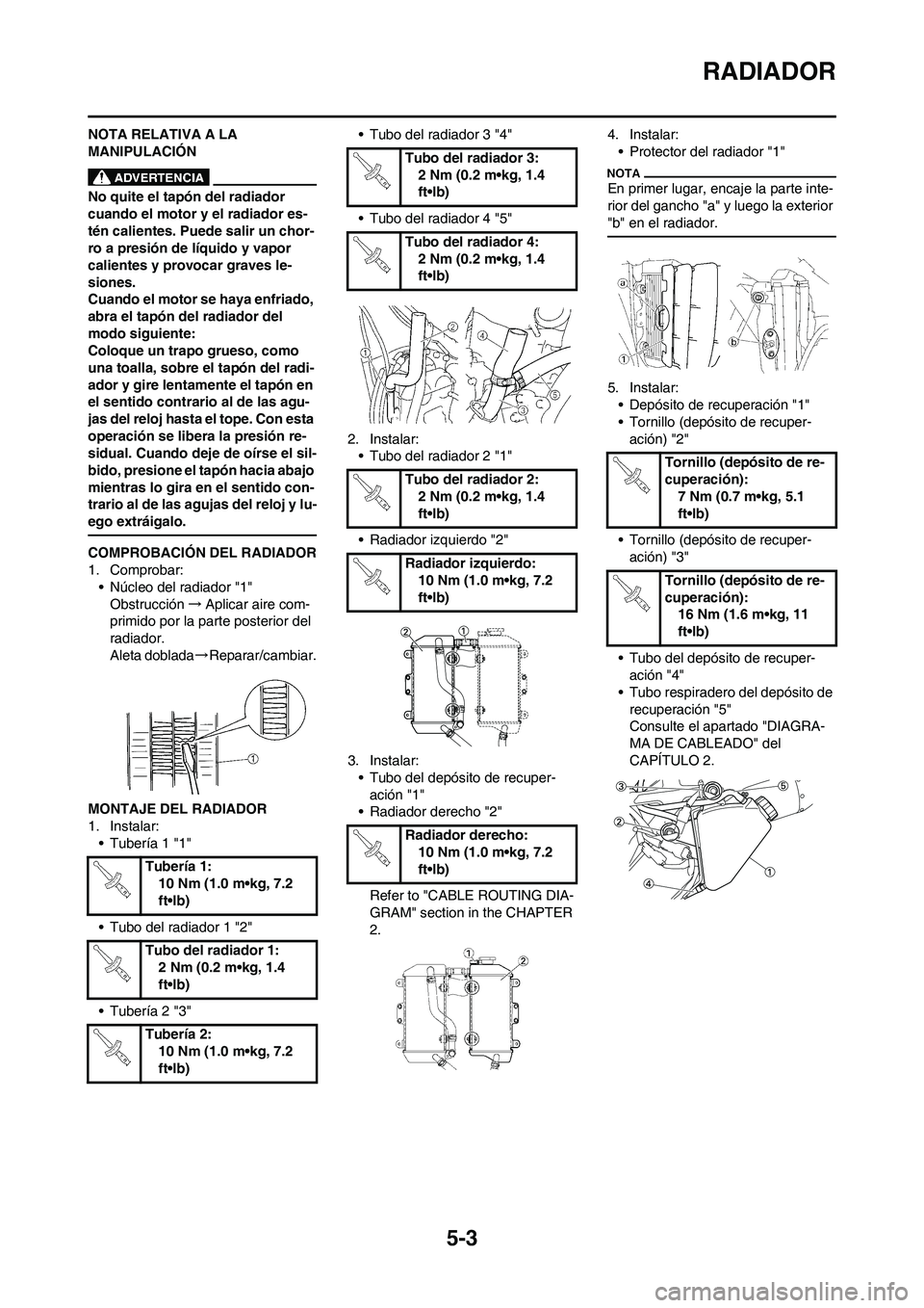 YAMAHA WR 450F 2011 Manuale de Empleo (in Spanish) 5-3
RADIADOR
NOTA RELATIVA A LA
MANIPULACIÓN
No quite el tapón del radiador
cuando el motor y el radiador es-
tén calientes. Puede salir un chor-
ro a presión de líquido y vapor
calientes y pr YAMAHA WR 450F 2011 Manuale de Empleo (in Spanish) 5-3
RADIADOR
NOTA RELATIVA A LA
MANIPULACIÓN
No quite el tapón del radiador
cuando el motor y el radiador es-
tén calientes. Puede salir un chor-
ro a presión de líquido y vapor
calientes y pr